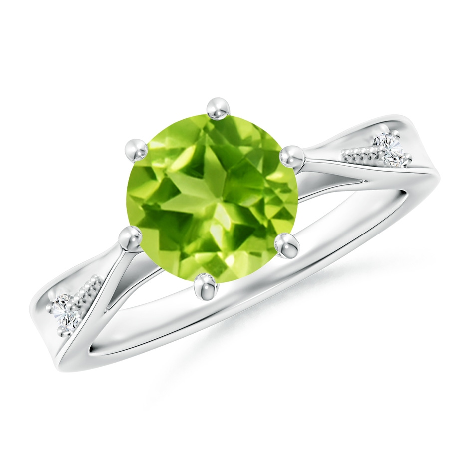 8mm AAA Tapered Shank Peridot Solitaire Ring with Diamonds in White Gold 