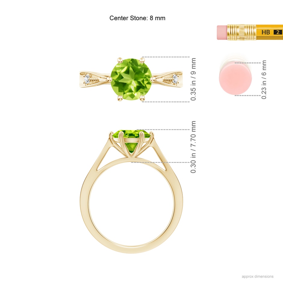 8mm AAA Tapered Shank Peridot Solitaire Ring with Diamonds in Yellow Gold ruler