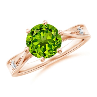 8mm AAAA Tapered Shank Peridot Solitaire Ring with Diamonds in Rose Gold