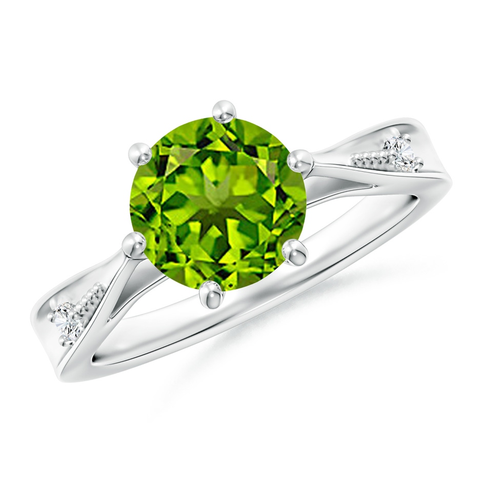 8mm AAAA Tapered Shank Peridot Solitaire Ring with Diamonds in White Gold 