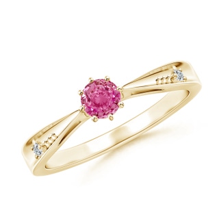 4mm AAA Tapered Shank Pink Sapphire Solitaire Ring with Diamonds in Yellow Gold