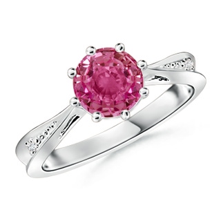 7mm AAAA Tapered Shank Pink Sapphire Solitaire Ring with Diamonds in White Gold
