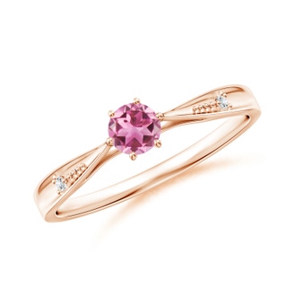 4mm AAA Tapered Shank Pink Tourmaline Solitaire Ring with Diamonds in Rose Gold