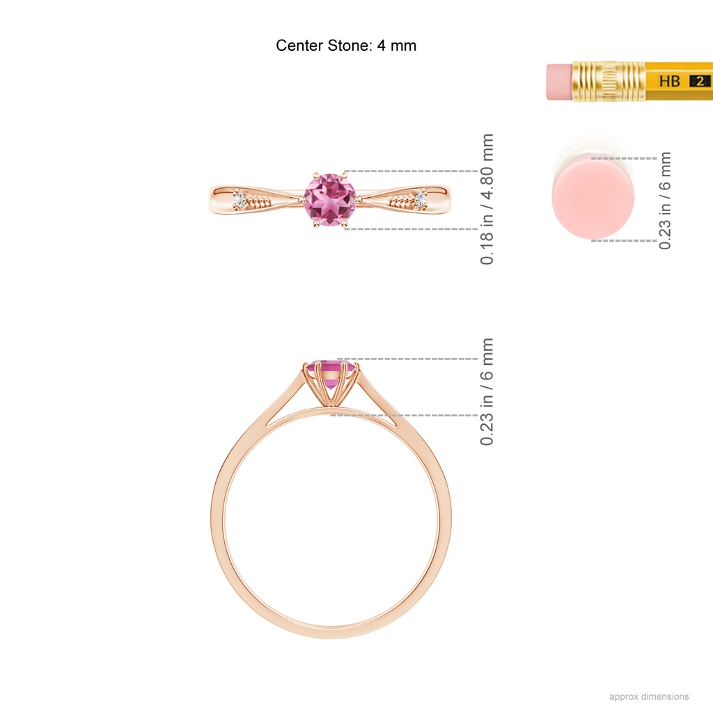 4mm AAA Tapered Shank Pink Tourmaline Solitaire Ring with Diamonds in Rose Gold Ruler