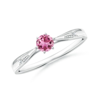 4mm AAA Tapered Shank Pink Tourmaline Solitaire Ring with Diamonds in White Gold
