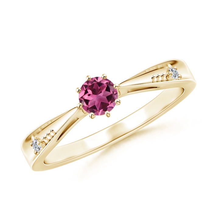 4mm AAAA Tapered Shank Pink Tourmaline Solitaire Ring with Diamonds in Yellow Gold