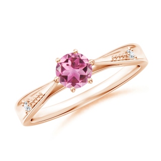 5mm AAA Tapered Shank Pink Tourmaline Solitaire Ring with Diamonds in Rose Gold