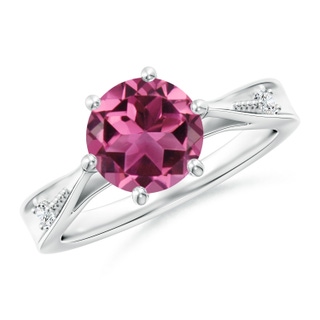 8mm AAAA Tapered Shank Pink Tourmaline Solitaire Ring with Diamonds in P950 Platinum