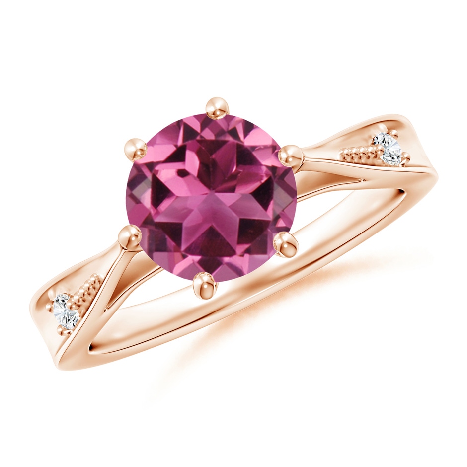 8mm AAAA Tapered Shank Pink Tourmaline Solitaire Ring with Diamonds in Rose Gold 