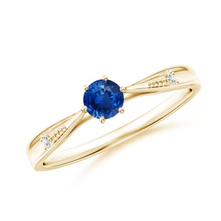 4mm AAA Tapered Shank Blue Sapphire Solitaire Ring with Diamonds in Yellow Gold