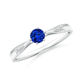 4mm AAAA Tapered Shank Blue Sapphire Solitaire Ring with Diamonds in White Gold