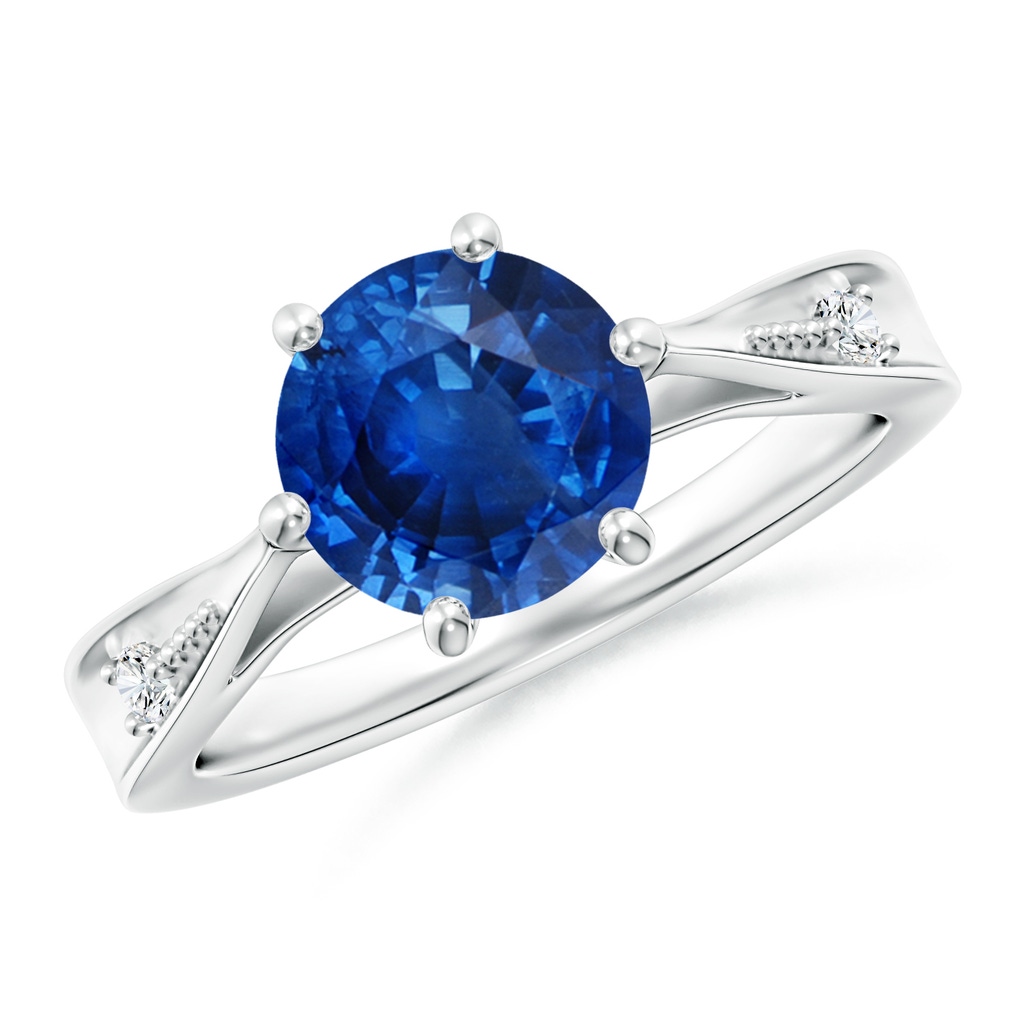 8mm AAA Tapered Shank Blue Sapphire Solitaire Ring with Diamonds in White Gold