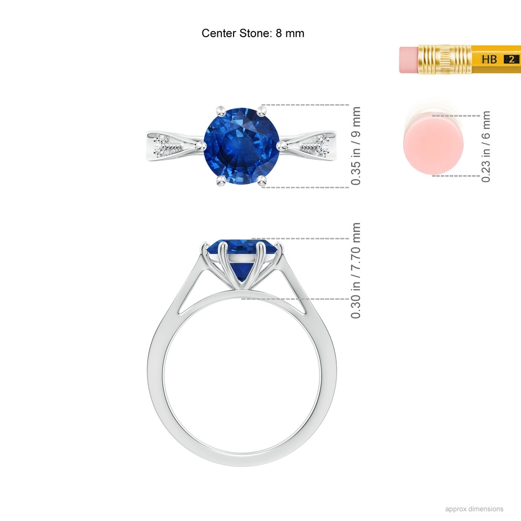 8mm AAA Tapered Shank Blue Sapphire Solitaire Ring with Diamonds in White Gold Ruler