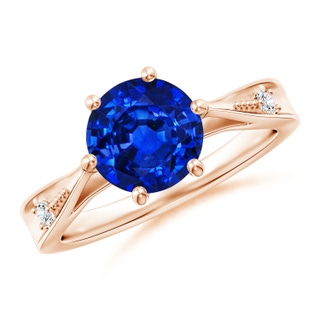 8mm AAAA Tapered Shank Blue Sapphire Solitaire Ring with Diamonds in Rose Gold