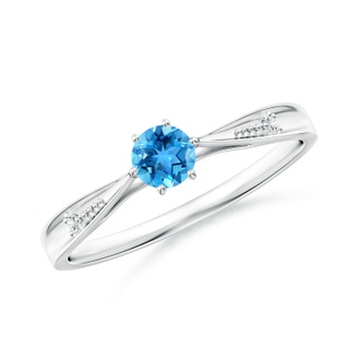 4mm AAA Tapered Shank Swiss Blue Topaz Solitaire Ring with Diamonds in 9K White Gold