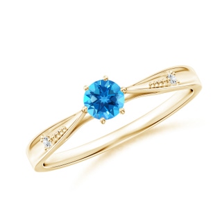 4mm AAAA Tapered Shank Swiss Blue Topaz Solitaire Ring with Diamonds in Yellow Gold