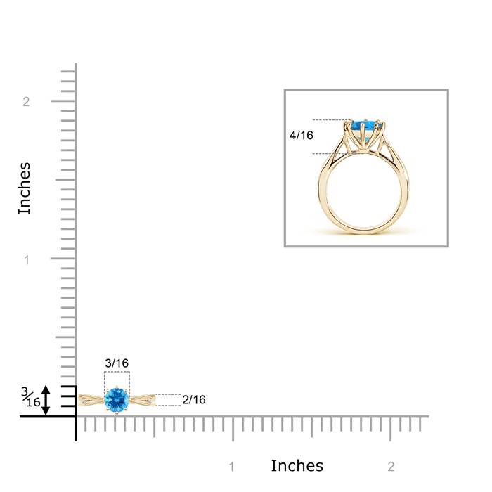 4mm AAAA Tapered Shank Swiss Blue Topaz Solitaire Ring with Diamonds in Yellow Gold ruler