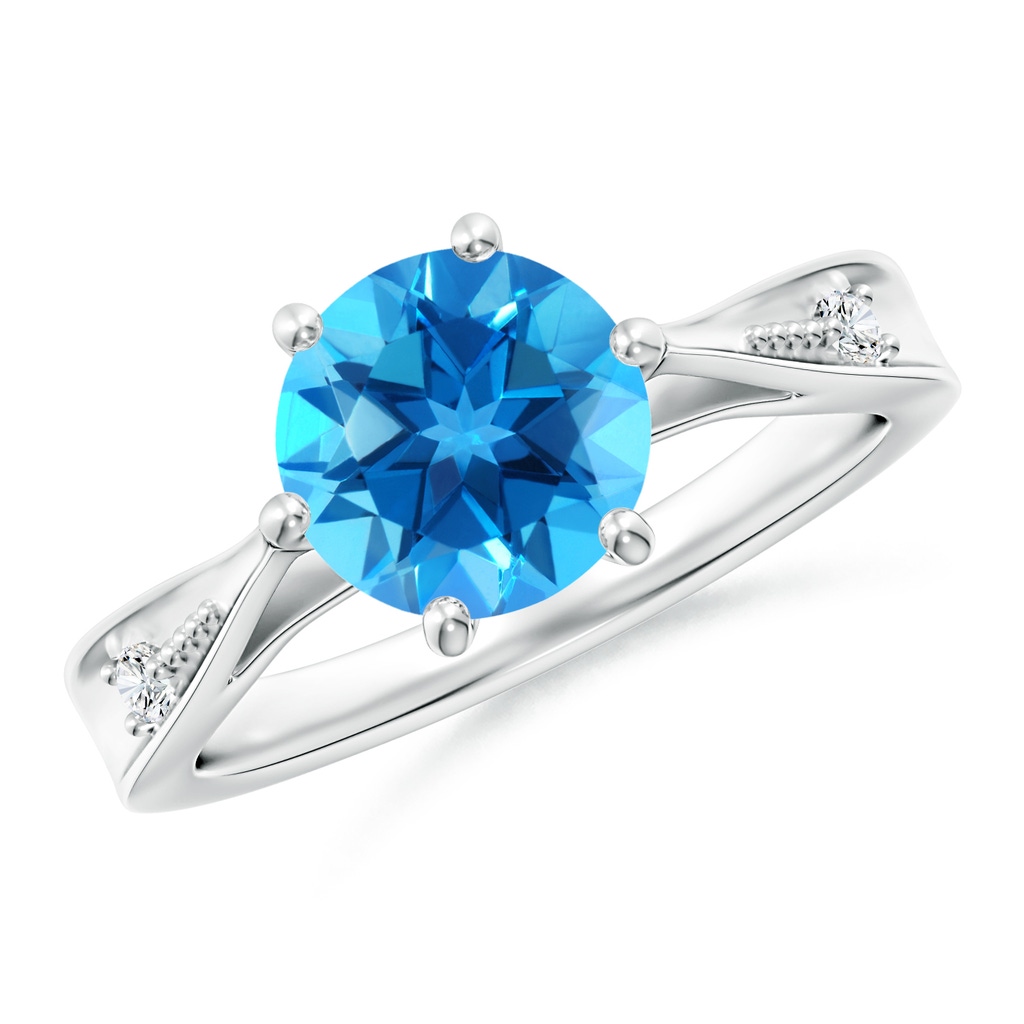 8mm AAAA Tapered Shank Swiss Blue Topaz Solitaire Ring with Diamonds in White Gold