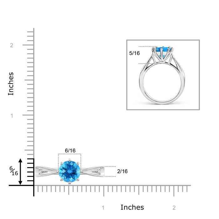 8mm AAAA Tapered Shank Swiss Blue Topaz Solitaire Ring with Diamonds in White Gold ruler