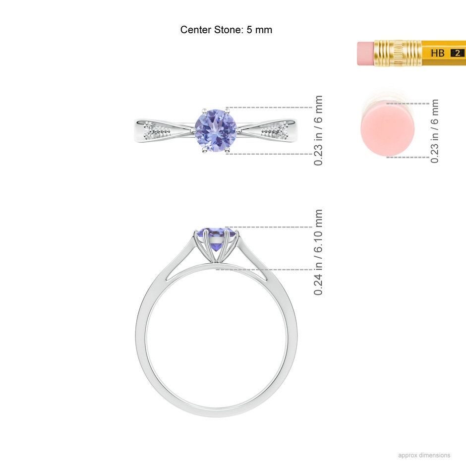 5mm AA Tapered Shank Tanzanite Solitaire Ring with Diamonds in White Gold ruler