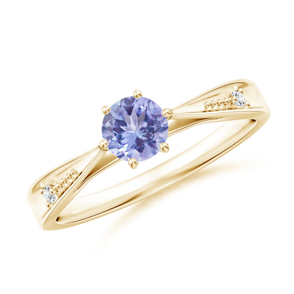 5mm AA Tapered Shank Tanzanite Solitaire Ring with Diamonds in Yellow Gold 