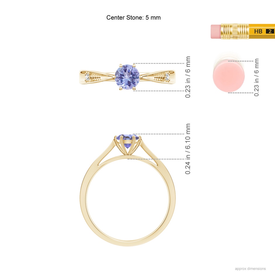 5mm AA Tapered Shank Tanzanite Solitaire Ring with Diamonds in Yellow Gold ruler