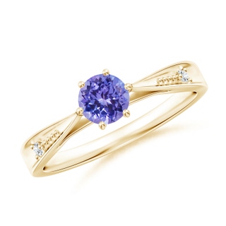 5mm AAA Tapered Shank Tanzanite Solitaire Ring with Diamonds in 9K Yellow Gold