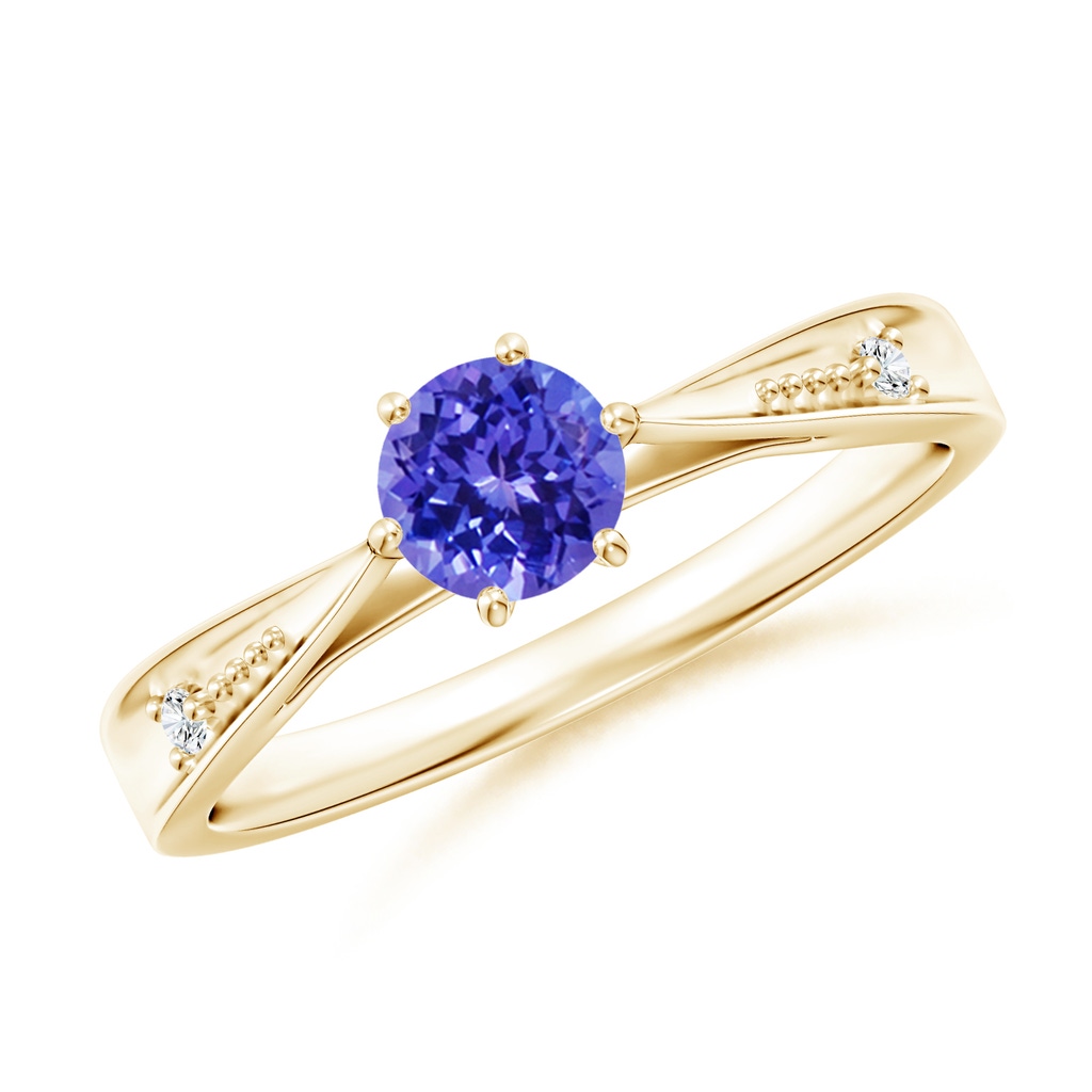 5mm AAAA Tapered Shank Tanzanite Solitaire Ring with Diamonds in Yellow Gold
