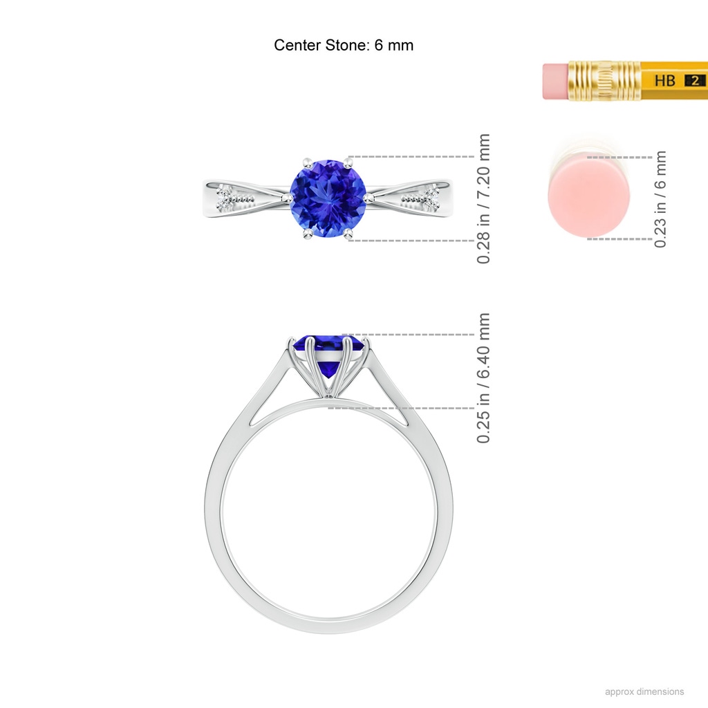 6mm AAA Tapered Shank Tanzanite Solitaire Ring with Diamonds in White Gold Ruler