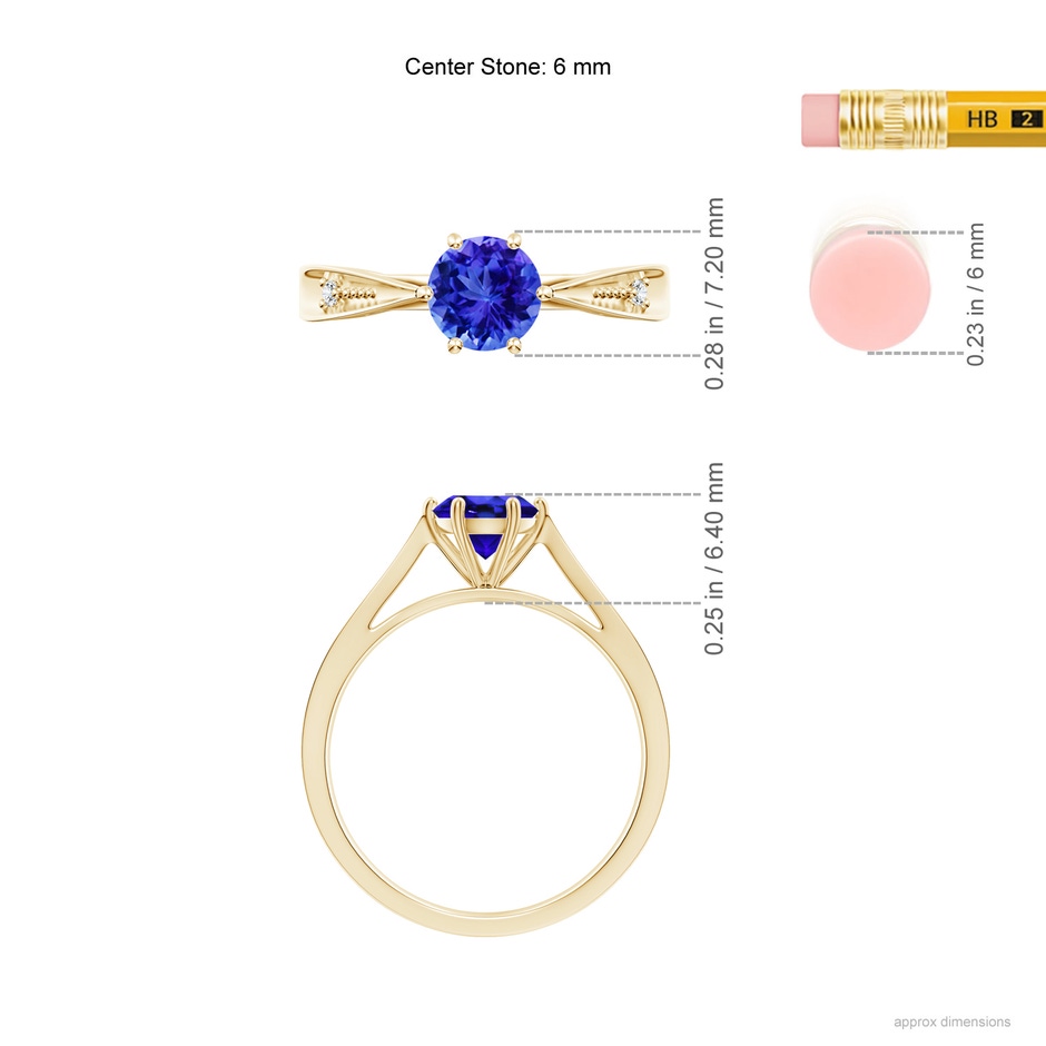 6mm AAA Tapered Shank Tanzanite Solitaire Ring with Diamonds in Yellow Gold ruler