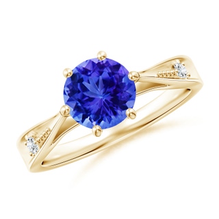 7mm AAA Tapered Shank Tanzanite Solitaire Ring with Diamonds in Yellow Gold