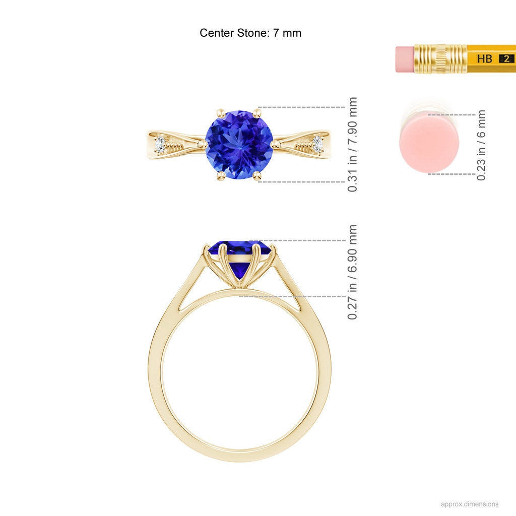 7mm AAA Tapered Shank Tanzanite Solitaire Ring with Diamonds in Yellow Gold Ruler
