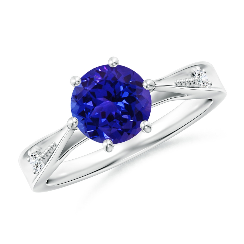 7mm AAAA Tapered Shank Tanzanite Solitaire Ring with Diamonds in P950 Platinum