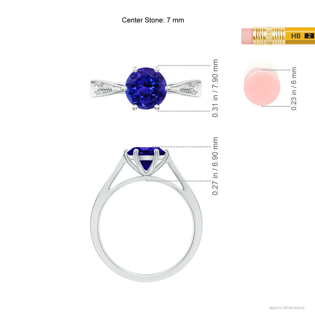 7mm AAAA Tapered Shank Tanzanite Solitaire Ring with Diamonds in P950 Platinum Ruler
