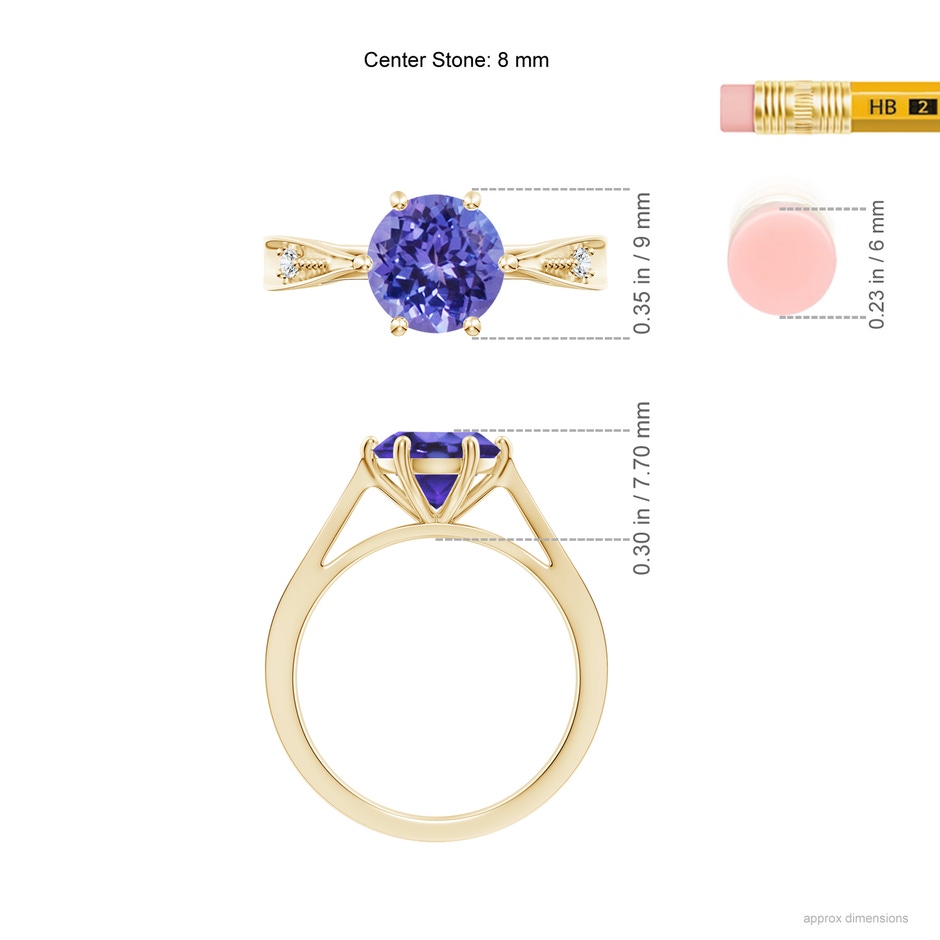 8mm AA Tapered Shank Tanzanite Solitaire Ring with Diamonds in Yellow Gold ruler