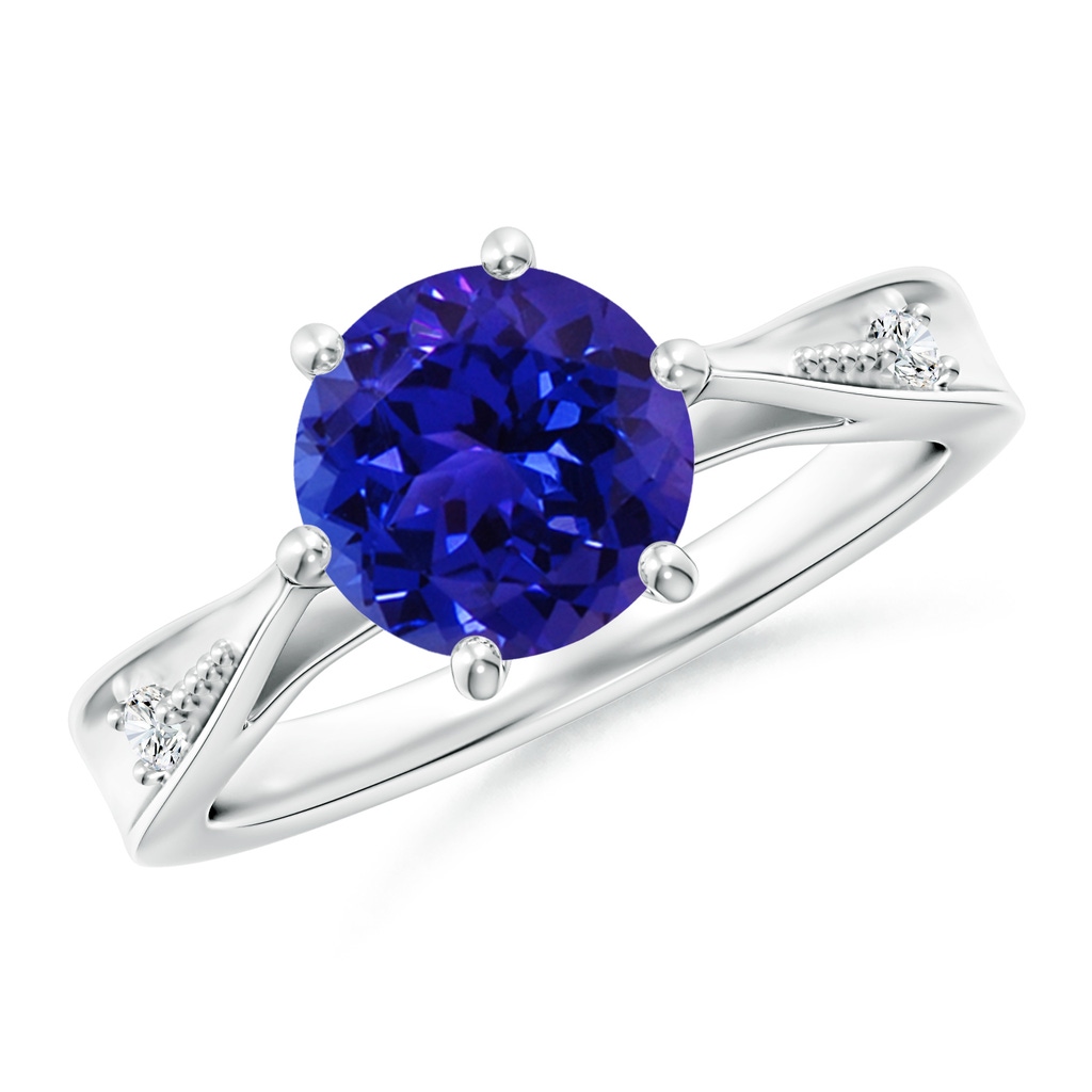 8mm AAAA Tapered Shank Tanzanite Solitaire Ring with Diamonds in White Gold