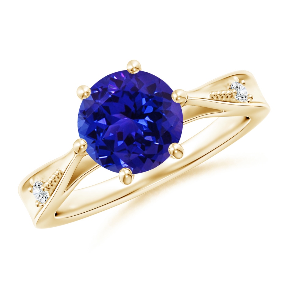 8mm AAAA Tapered Shank Tanzanite Solitaire Ring with Diamonds in Yellow Gold 