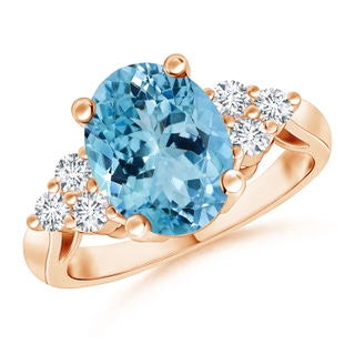 12.00x9.85x6.64mm AAA GIA Certified Oval Aquamarine Ring with Trio Diamonds in 10K Rose Gold