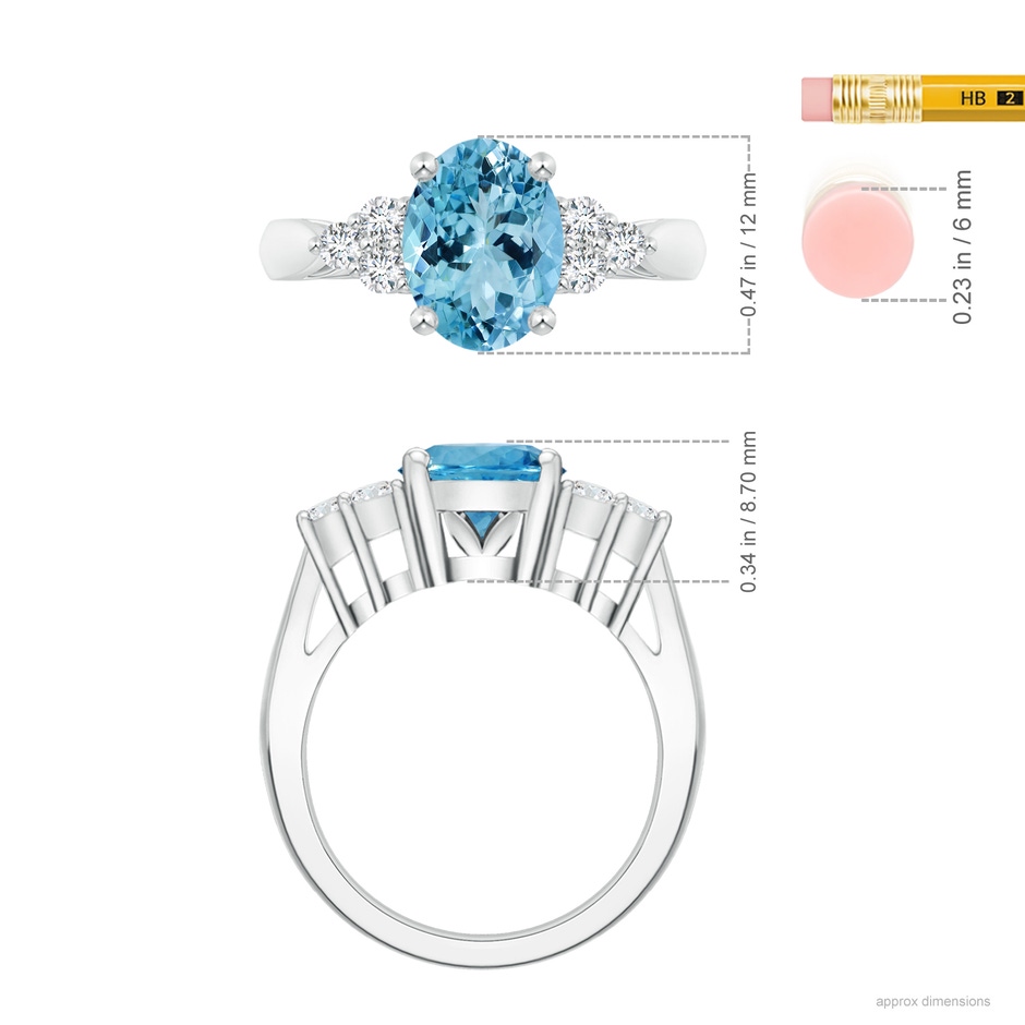 12.00x9.85x6.64mm AAA GIA Certified Oval Aquamarine Ring with Trio Diamonds in 18K White Gold ruler