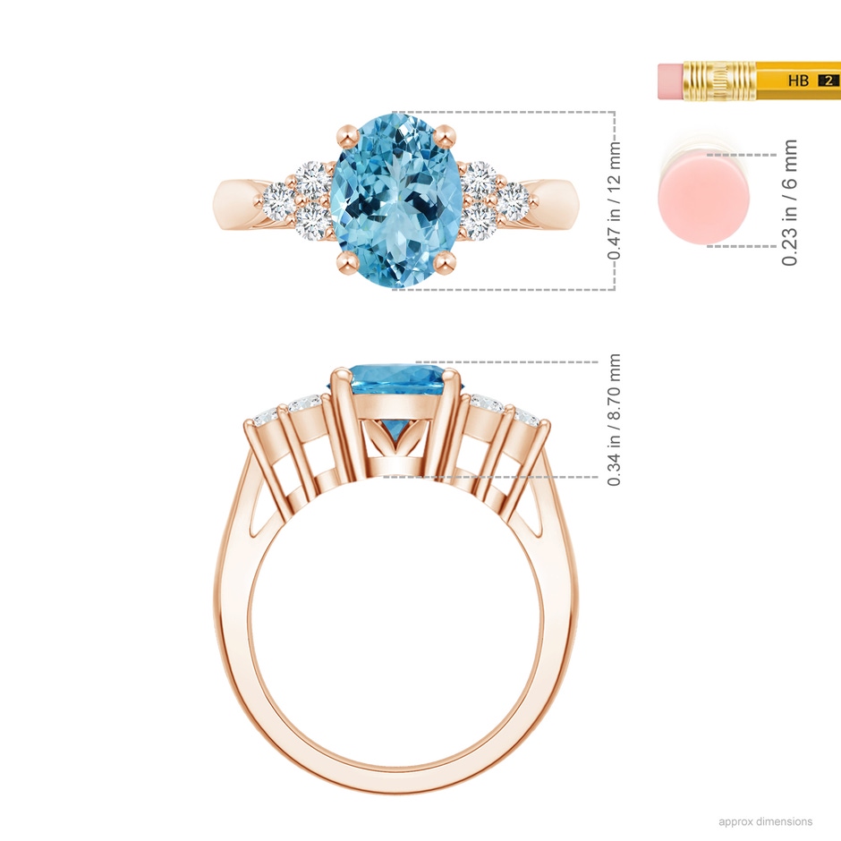 12.00x9.85x6.64mm AAA GIA Certified Oval Aquamarine Ring with Trio Diamonds in Rose Gold ruler