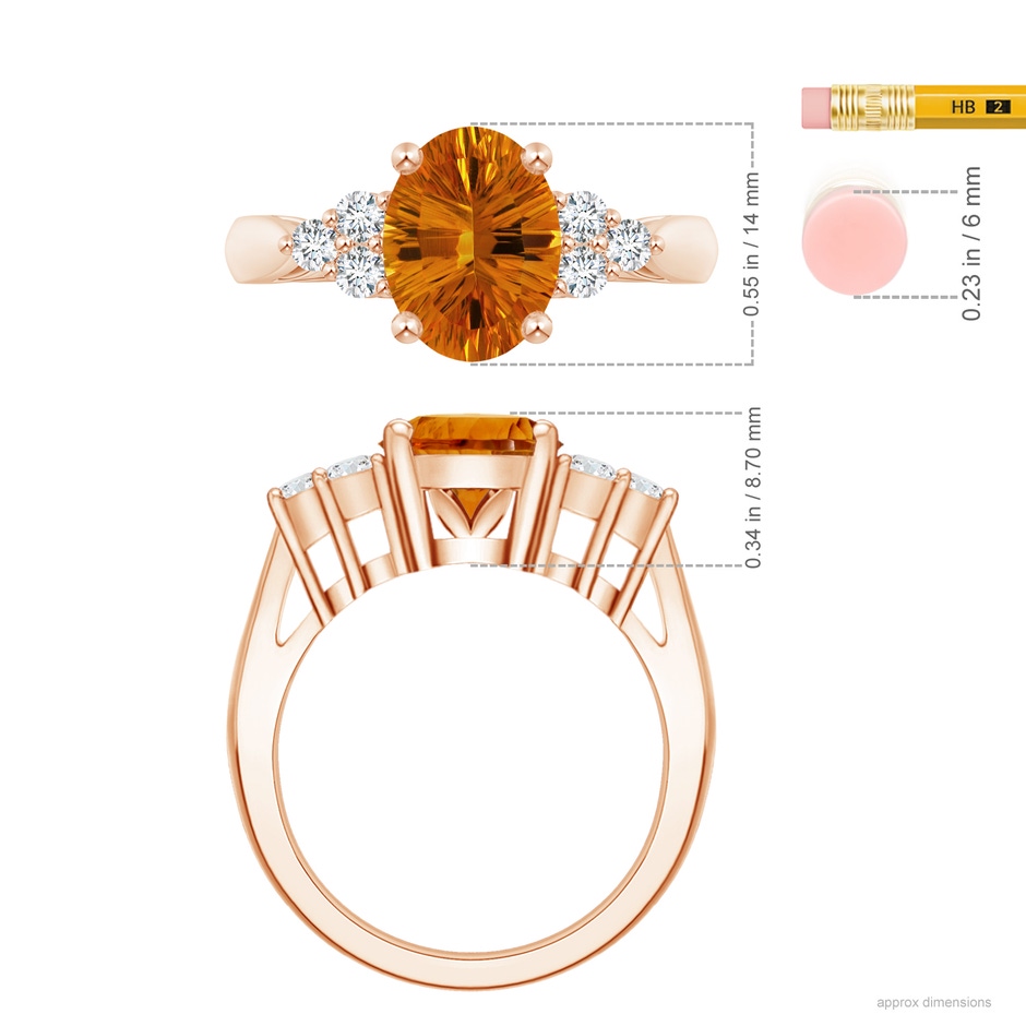 14.15x10.16x7.02mm AAAA Oval CItrine Ring with Trio Diamonds in Rose Gold ruler