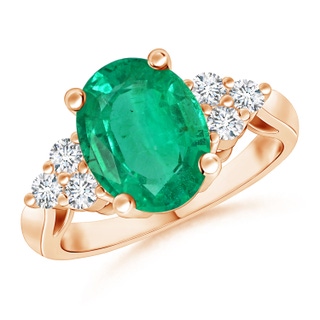 12.26x8.86x5.36mm AA GIA Certified Oval Emerald Ring with Trio Diamonds in 10K Rose Gold