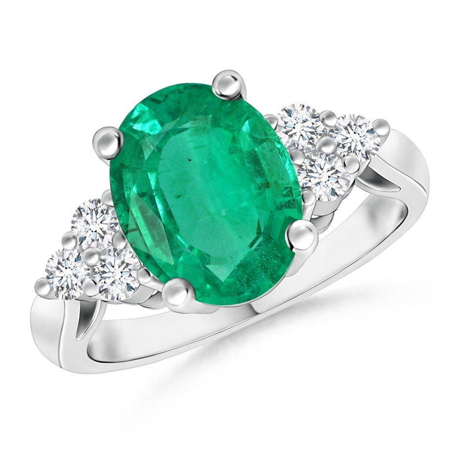 12.26x8.86x5.36mm AA GIA Certified Oval Emerald Ring with Trio Diamonds in 18K White Gold 