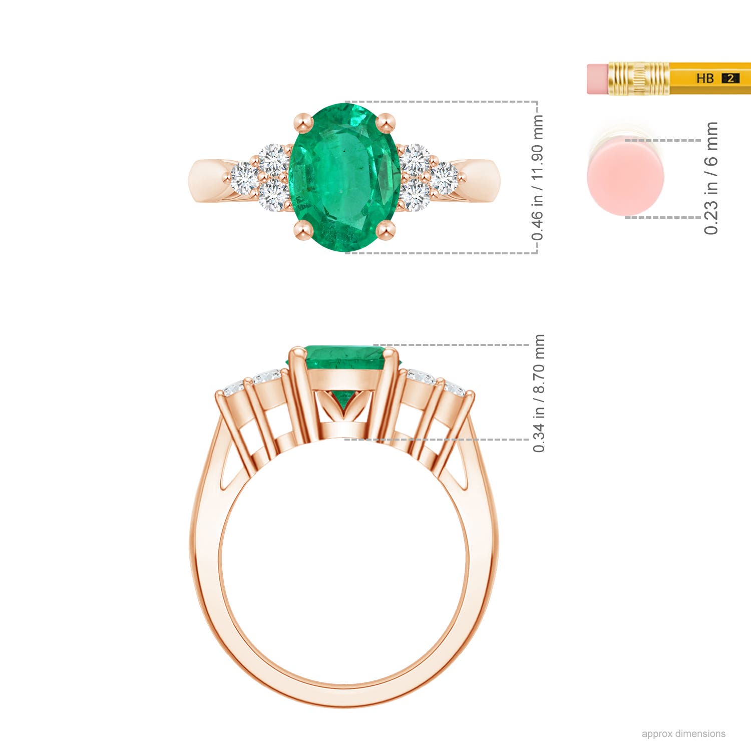 12.26x8.86x5.36mm AA GIA Certified Oval Emerald Ring with Trio Diamonds in Rose Gold - ruler