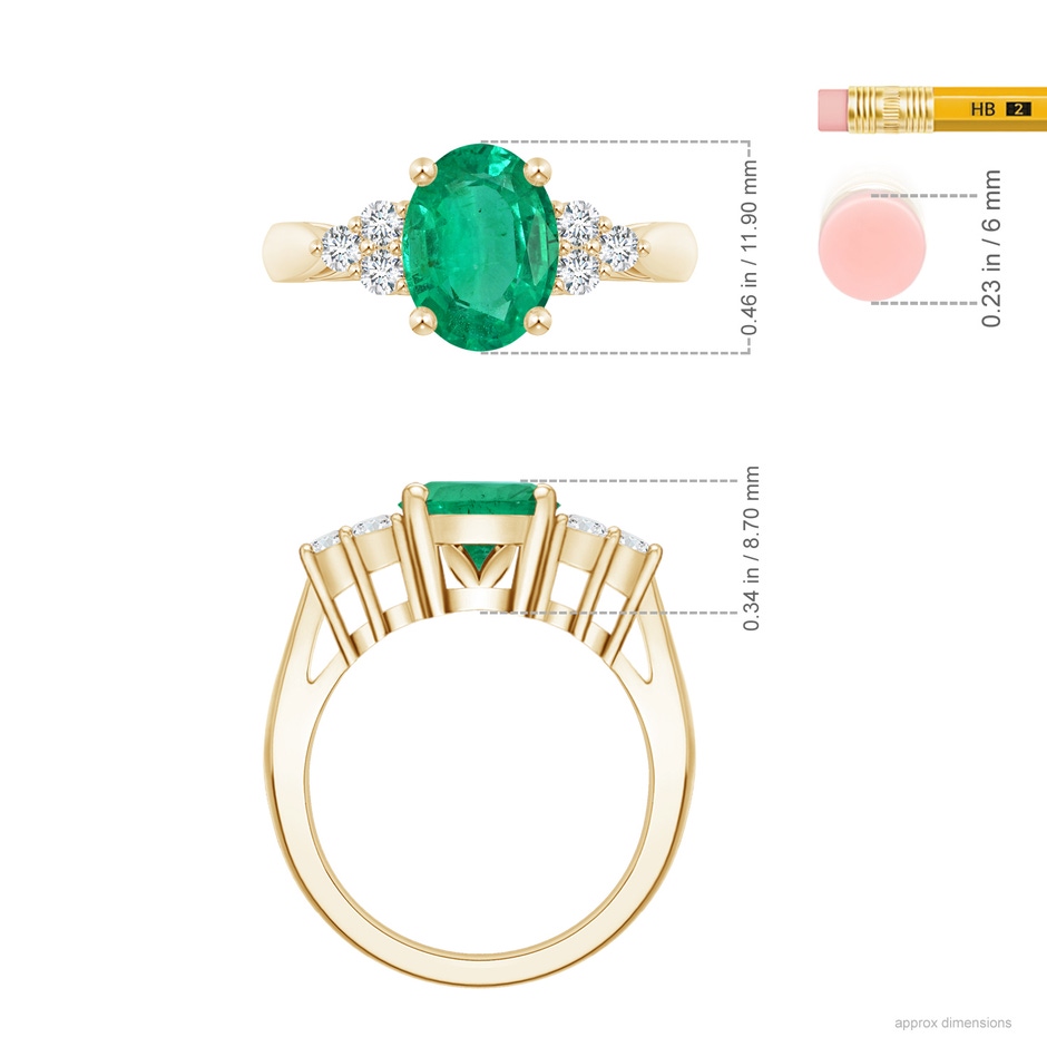 12.26x8.86x5.36mm AA GIA Certified Oval Emerald Ring with Trio Diamonds in Yellow Gold ruler