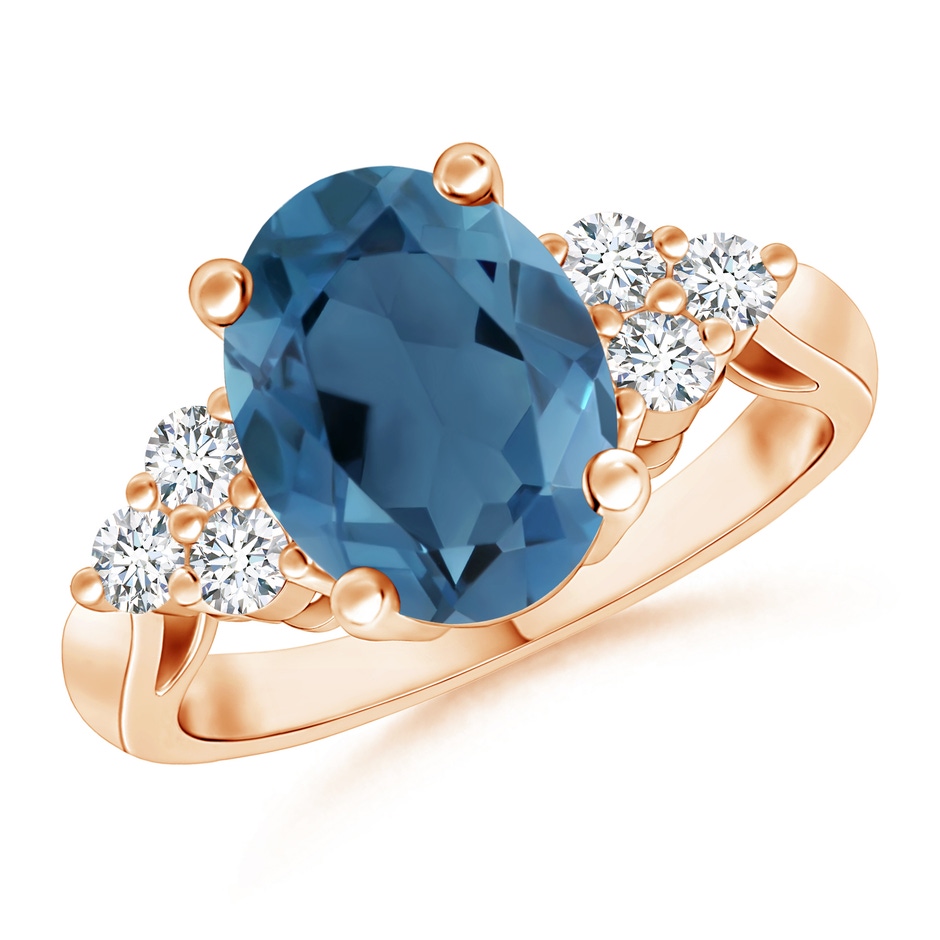 10x8mm A Oval London Blue Topaz Cocktail Ring with Trio Diamonds in Rose Gold 