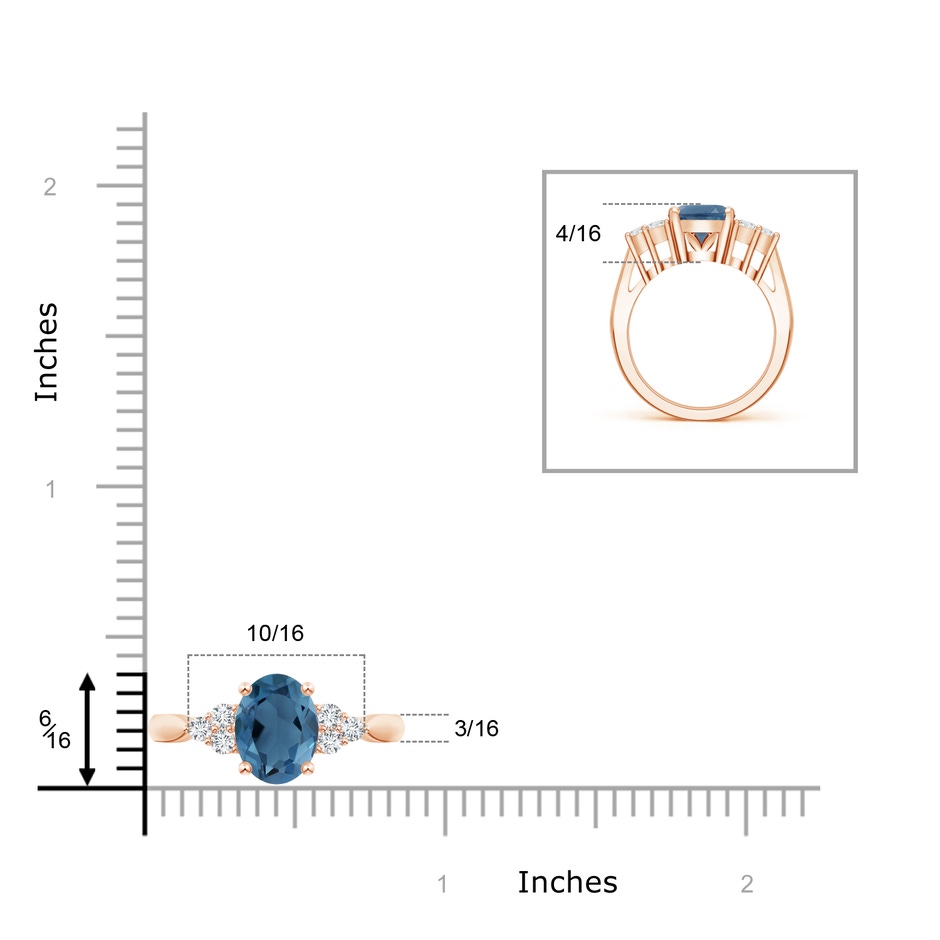10x8mm A Oval London Blue Topaz Cocktail Ring with Trio Diamonds in Rose Gold product image