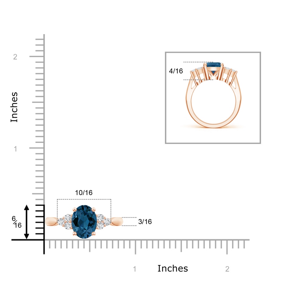 10x8mm AAA Oval London Blue Topaz Cocktail Ring with Trio Diamonds in Rose Gold product image