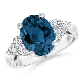 10x8mm AAA Oval London Blue Topaz Cocktail Ring with Trio Diamonds in White Gold