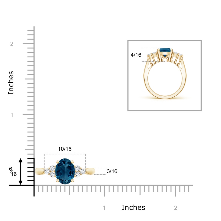 10x8mm AAAA Oval London Blue Topaz Cocktail Ring with Trio Diamonds in Yellow Gold product image